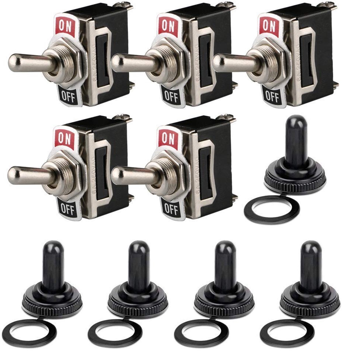 Schakelaar met Waterdichte Afdekking, 12V-24V-48V-110V/10A, 220V-230V/6A, 2-pins SPST AAN/UIT-Schakelaar, Gebruikt voor Auto-Vrachtwagenboot (5 stuks, Zwart)