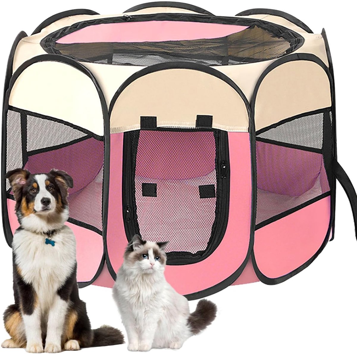 Puppyren, puppybox, hondenbox, opvouwbaar kattenverblijf, waterdichte Oxford stoffen box, hond, kattenkooi, hondenkooi voor katten, honden, konijnen(Roze, L, 8)