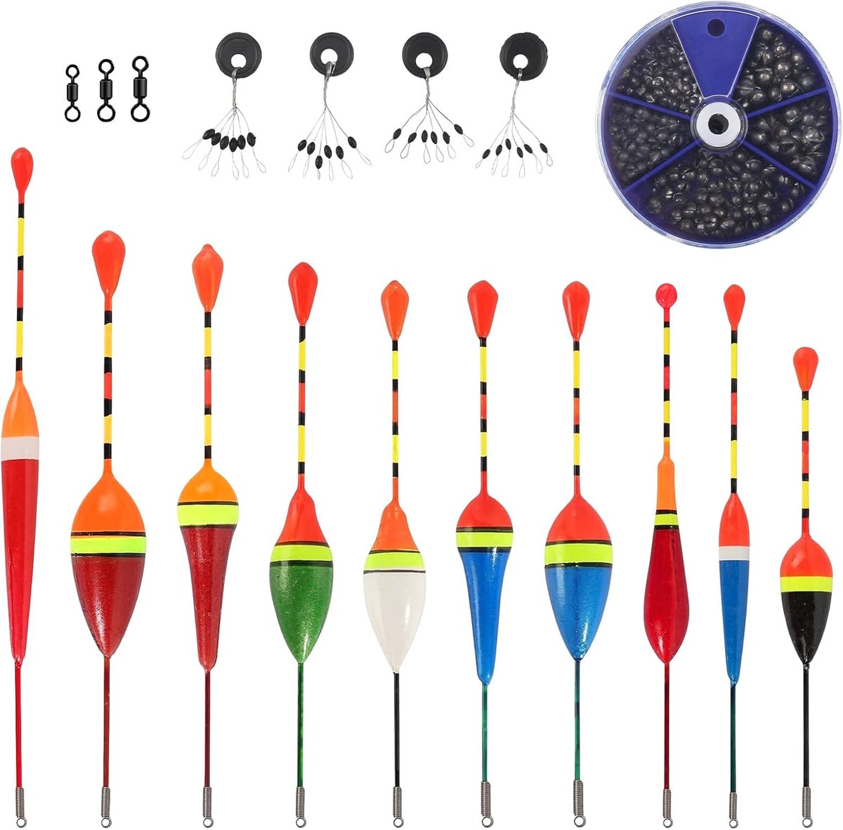 Set met visdobbers, visdobbers voor forel, set met 18 vissersaccessoires met 10 drijvende visdobbers, 205 loden kogels, 3 draaiende vissershaken, vissersaccessoires en 4 rubberen stoppen voor