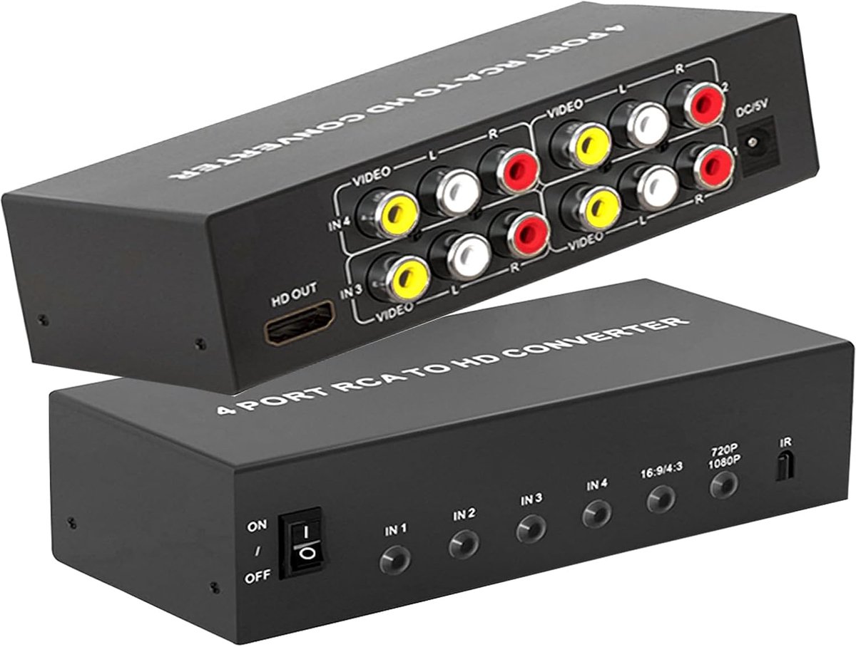 Naar HDMI Converter 4 AV (Rood Geel Wit) in naar HDMI out Adapter, Composiet Audio Video RCA Adapter naar HDMI1080P/720P, w/Remote & Power, voor Wii/TV/PC/PS3/STB/Xbox VHS/VCR/N64/SNES/DVD-speler