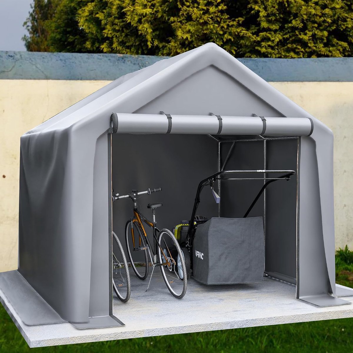 Fietsgarage, gereedschapsschuur, veelzijdige tentgarage van staal met PE-afdekking, waterdicht, winterbestendig, ideaal als fietsstandaard of opslagtent, grijs, 244 x 241 x 217 cm