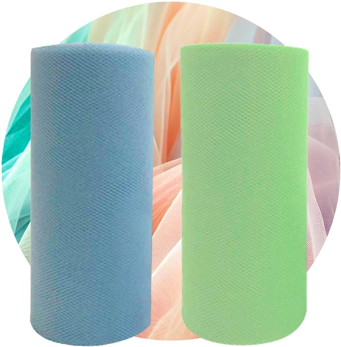 Stof, 2 kleuren, lichtblauw en lichtgroen, 2 rollen, 15 cm, 23 m, 2 stuks, feest, bruiloft, kostuum, rok, tutu, decoratie, handwerk, knutselen, 2 stuks