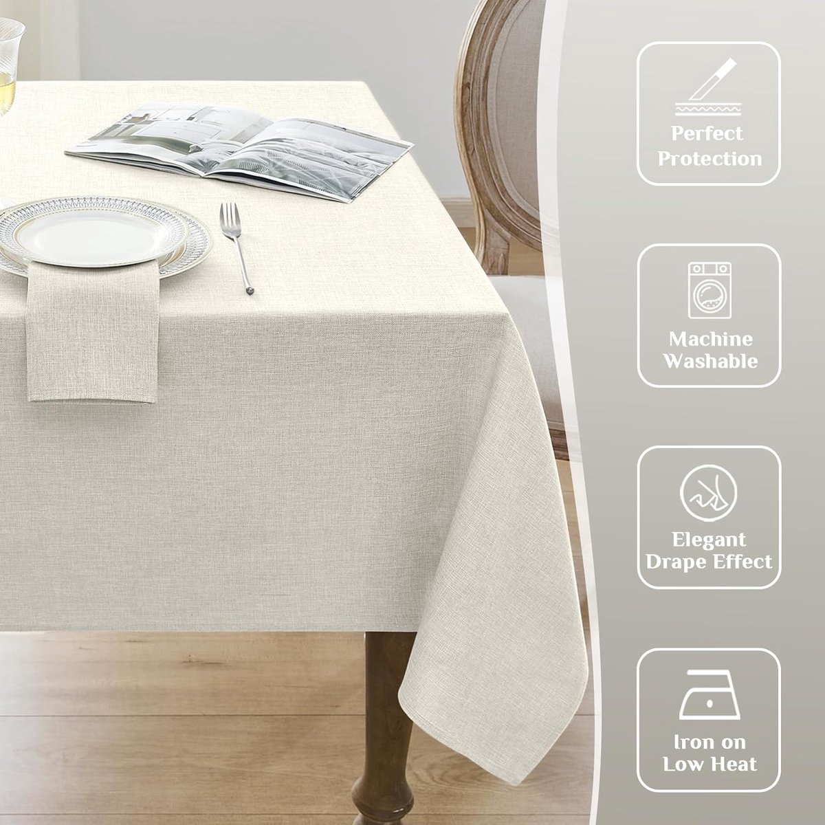 Rechthoekig tafelkleed 240 x 140 cm, crèmekleurig, imitatielinnen, wasbaar, ideaal voor dagelijks gebruik, buitentafel, herfst, feest, Kerstmis, verjaardag, bruiloft (6-8 zitplaatsen)