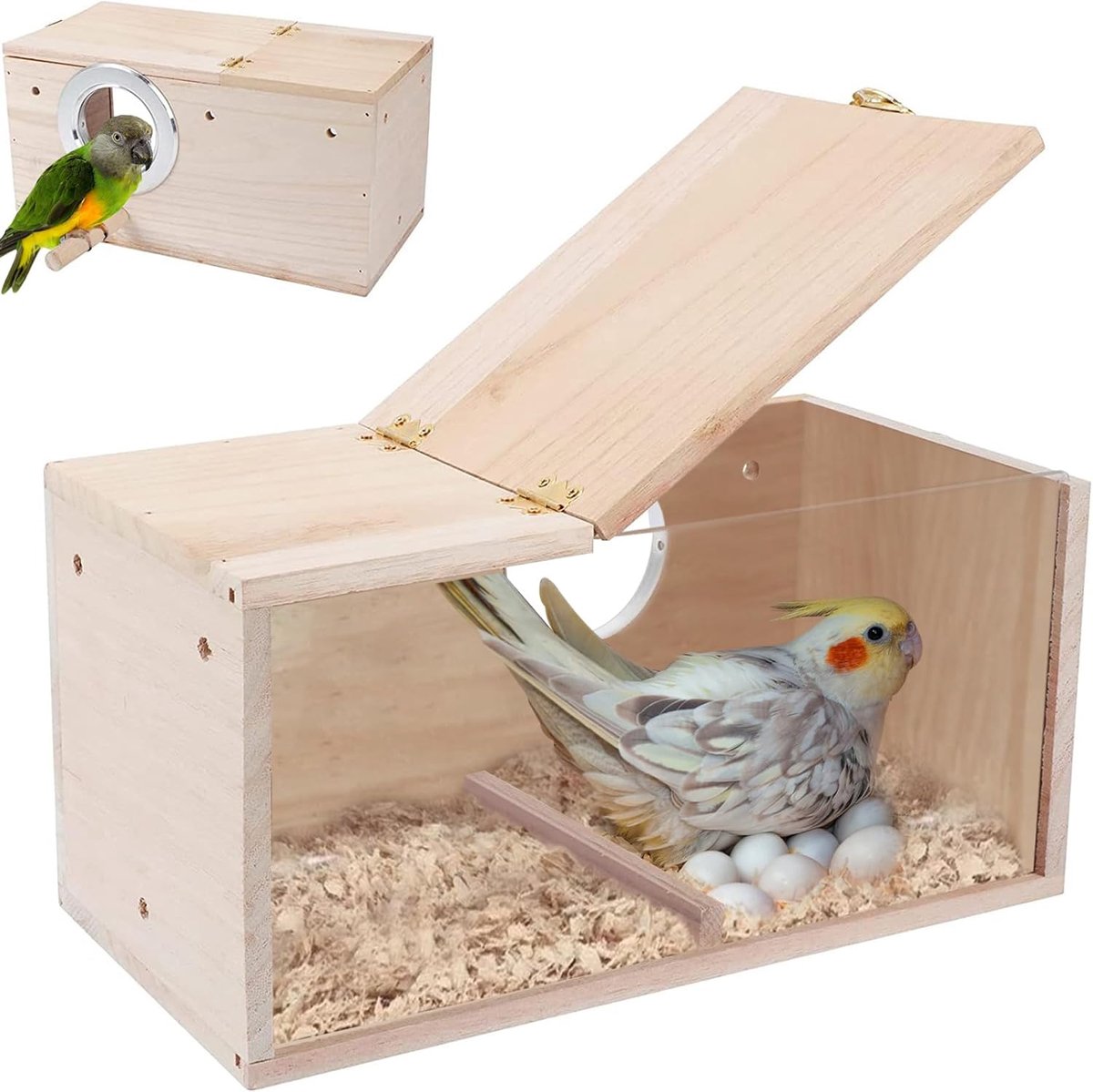 Ontwerp Vogelkooi Houten Vogelnestje Vogelfokkerij Natuurlijk Uitzichtraam voor Lory voor Agapornis, Kakatoes, 34 x 17 x 19 cm