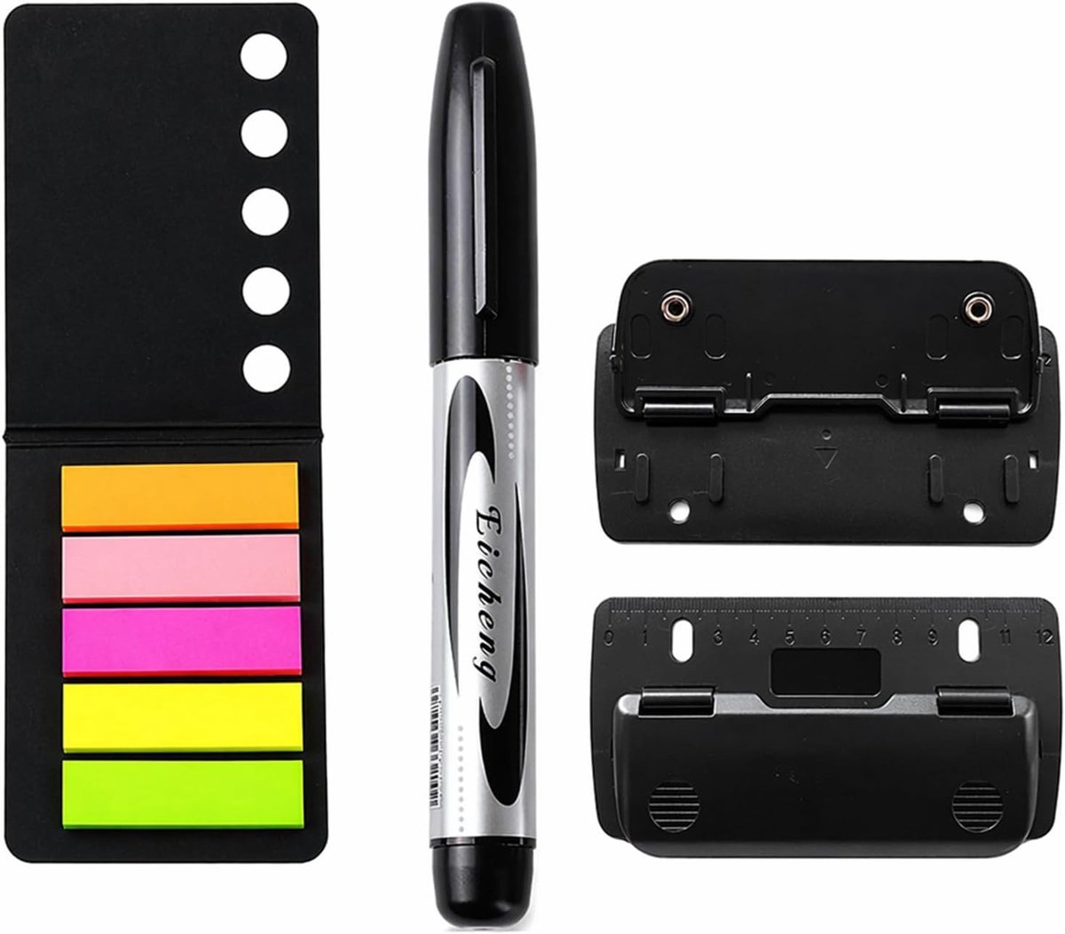 Schoolset met perforator, zelfklevende notitieblok en marker, mini-perforator voor papier, cadeau-idee voor de eerste schooldag, zwart