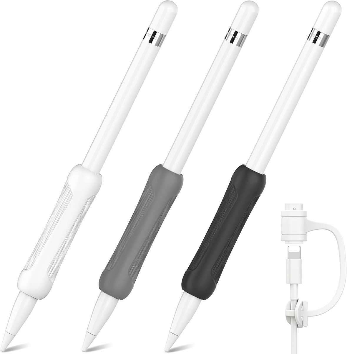 3 Pak Siliconen Grip voor Apple Pencil 1e Generatie Accessoires Ergonomisch Ontwerp Mouw Beschermhoes Hoes Houder met Kabeladapter Tether (Wit + Grijs + Zwart)