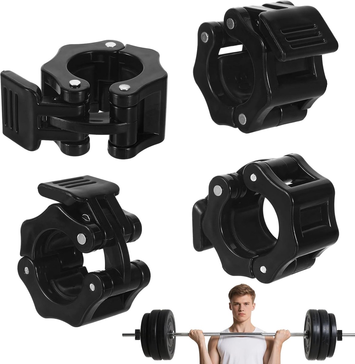 4 stuks lange halterklemmen, haltersluiting, snelsluiting, haltersluitingen, korte halterstang, snelsluiting, snelsluiting voor workout, gewichtheffen (zwart)