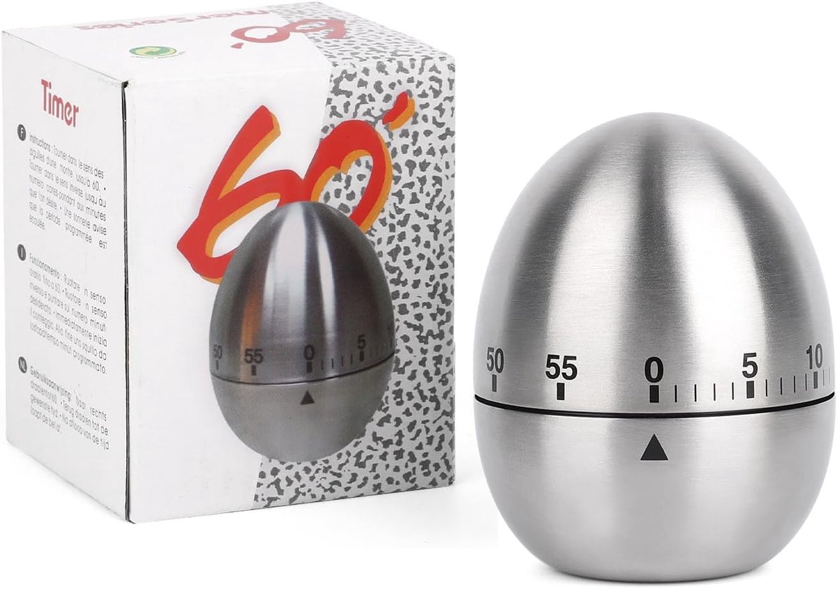 Eierwekker, mechanische eierwekker, eivormige korte tijdwekker, timer eivormige timer van roestvrij staal, voor de keuken tot 55 minuten (zilver)