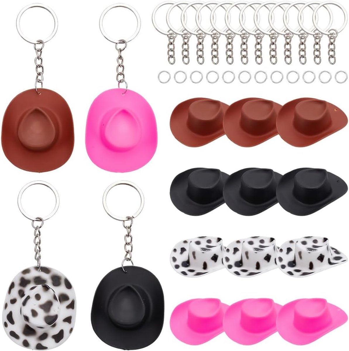 36-delige set western cowboyhoed sleutelhangers, 4 kleuren, plastic mini western tassensieraadjes, feestdecoratie voor vrouwen, mannen, DIY sleutelhangers, decoratieve accessoires voor