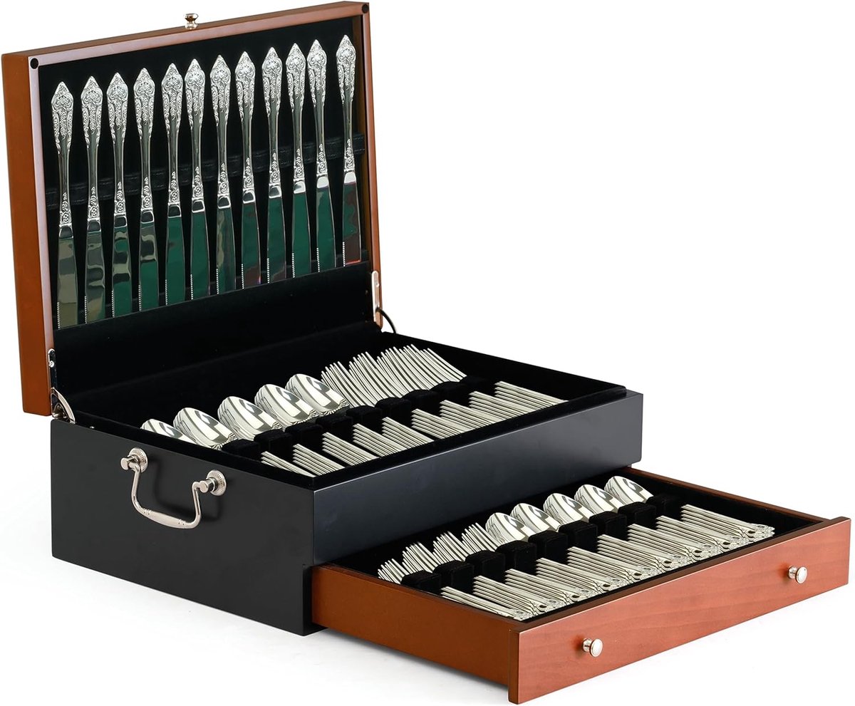 Opbergdoos Bestek Opbergkoffer met Dual Tone Houten Afwerking Lade en Aanslagbestendige Vilt Voering om Sterling Zilver Ware-Besteksets op te slaan 35x30 cm Grootte Service voor 14