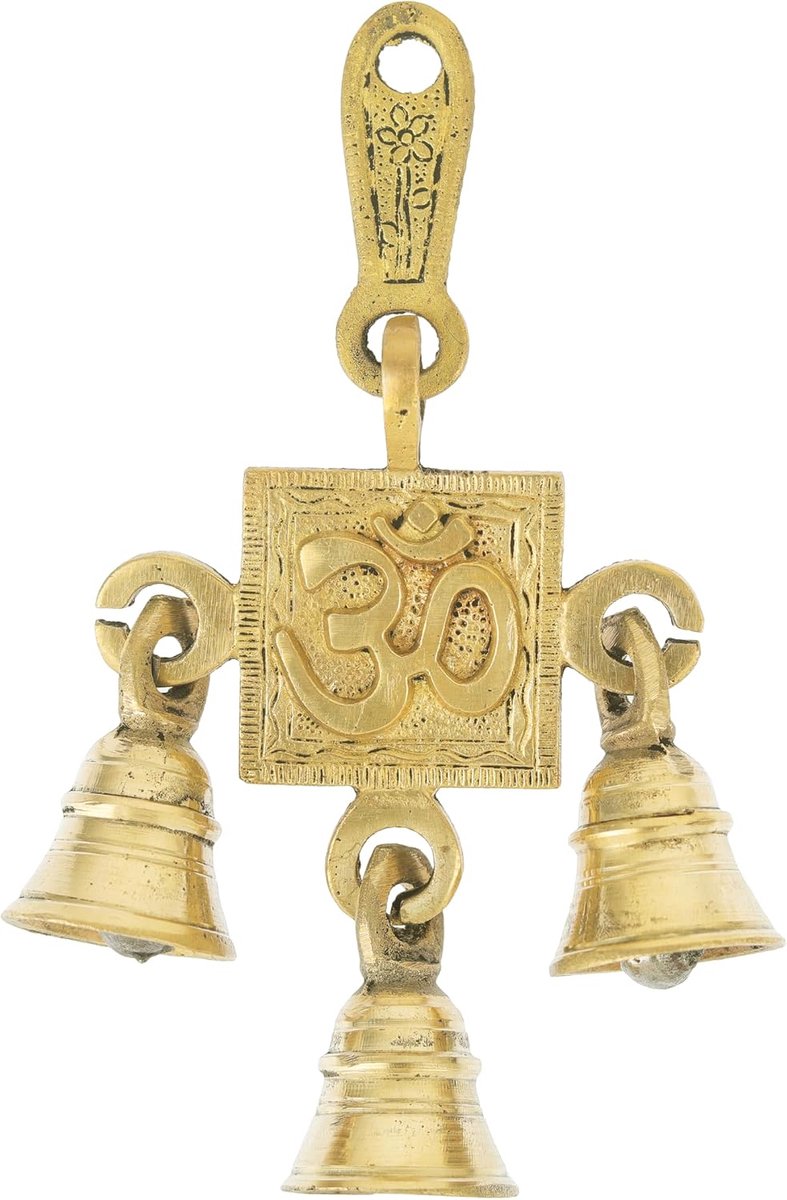 3 Bells Brass Single OM Hanging Hindu Statue for Home Temple Use Statue Hindu Idol Figure with Unique for Door Wall Home Decor Indian Traditional Festival Decoration Housewarming (Size:-6"X3")