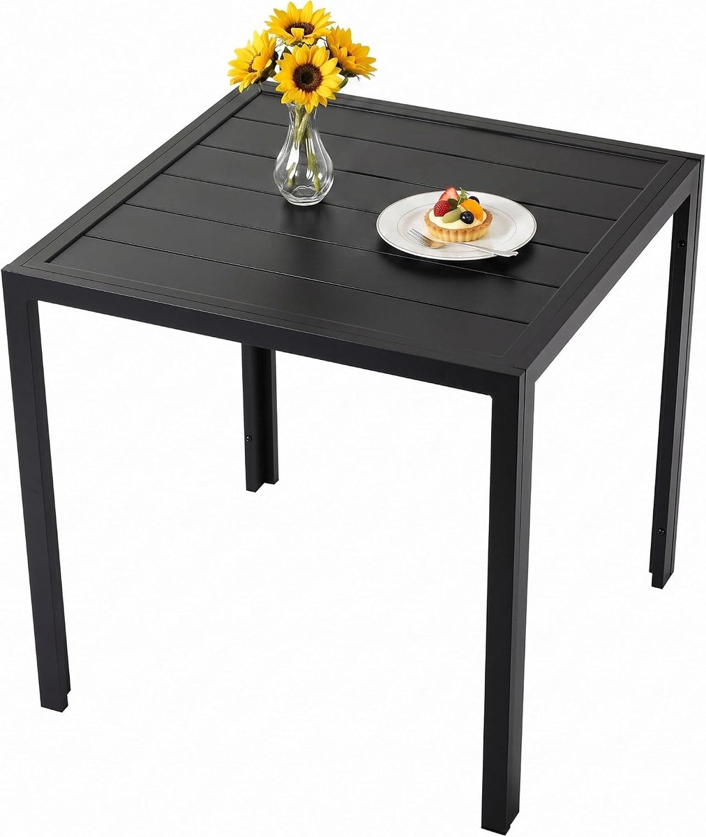 Tuintafel, 75x75 cm Vierkant Balkontafel, Roestvrij Hele Metalen Tuintafel, Weerbestendig Outdoor Eettafel voor Terrassen, Tuin, Balkon, Zwart, 11 cm breed bord