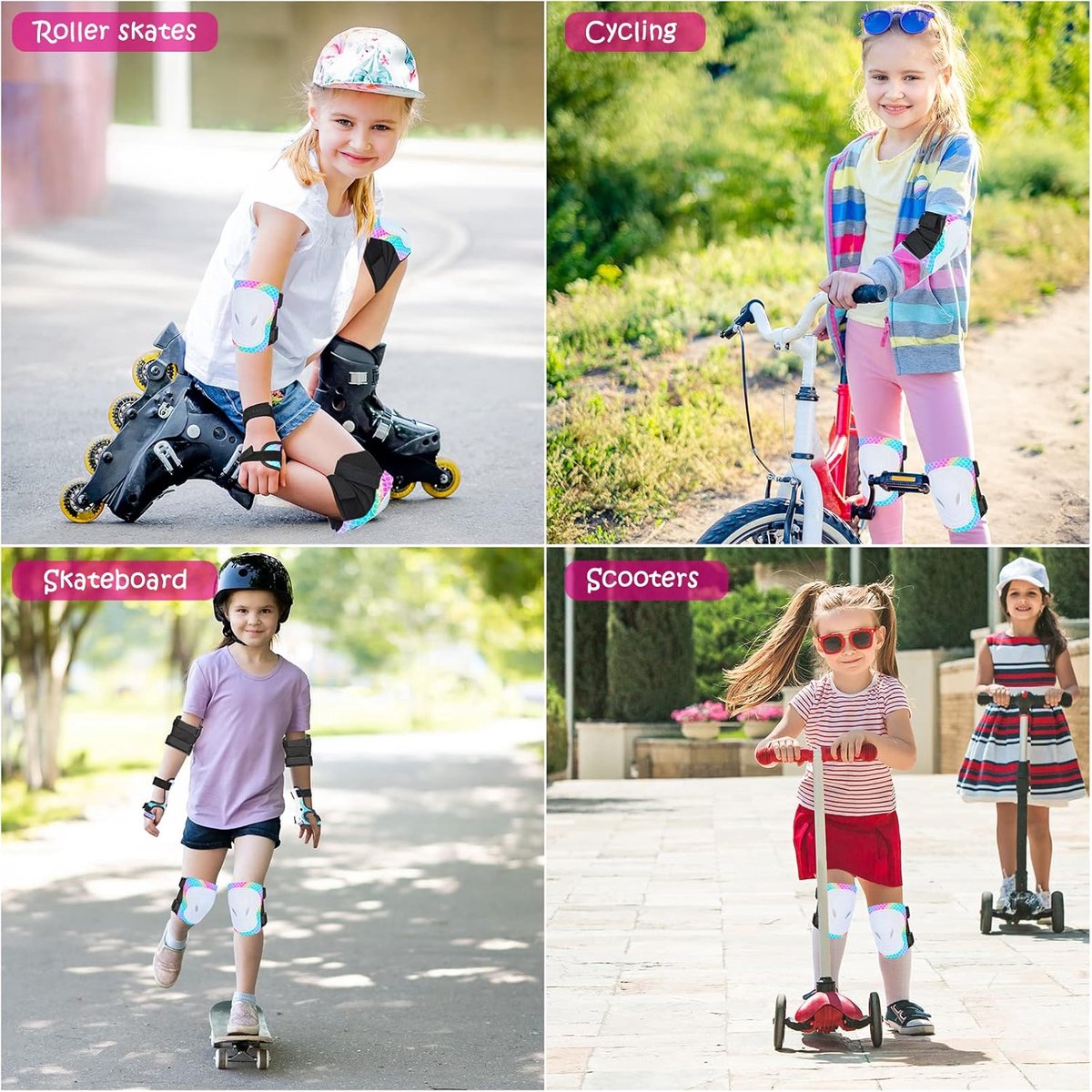 Kniebeschermers voor kinderen, knie- en elleboogbeschermers met netvak met trekkoord, beschermers, inline beschermers, kinderkniebeschermers, set voor meisjes en jongens, voor skaten scooter, 3-8 jaar