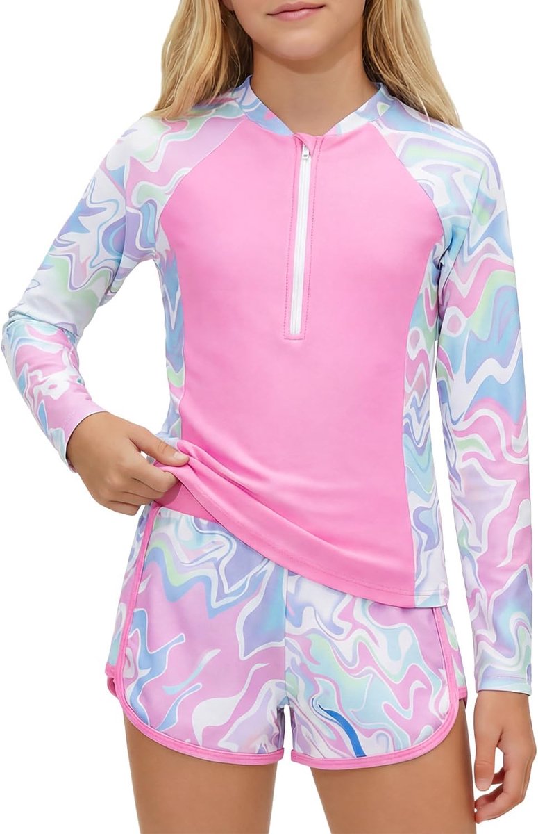 Uv-badpak voor meisjes met gevoerd, lange mouwen, uv-badkleding met badshirt en shorts, zwemshirt, uv-shirt, zwempak, 8-14 jaar
