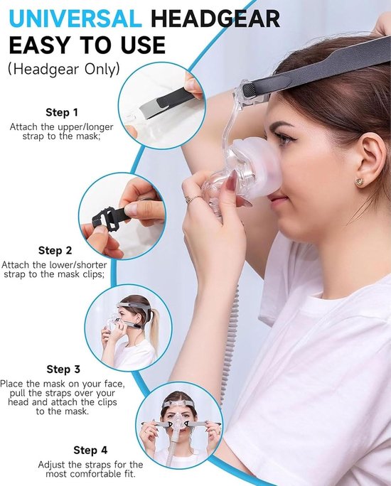 1 stuk Universele CPAP kopband voor masker en masker, 4 punt aansluiting CPAP kopband voor de meeste neus, Universele masker hoofdbekleding (grijs) — afbeelding 5