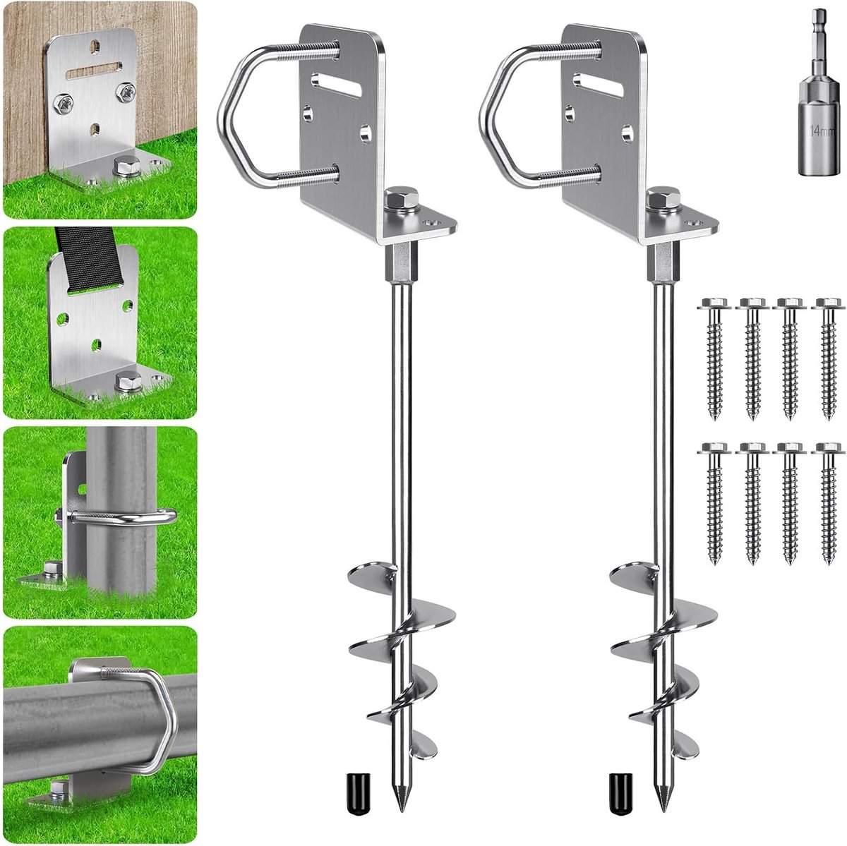 Grondanker schommel 50cm haringen 2 tentharingen / L-hoek met ring | Luifel, klimrek, schommelframe, Slackline, tuinhuis, carport, hekpaal, schroefbaar, M12, 14 mm adapter, 7,2 cm spiraal