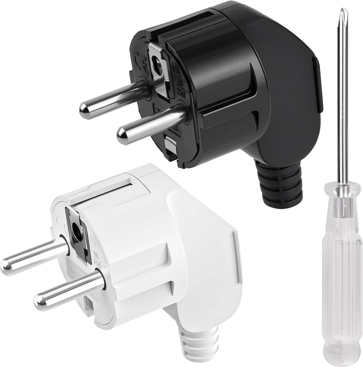 2 stuks hoekstekker, stekker, elektrische stekker, 250 V, 16 A, PP-materiaal, decoratieve huishoudelijke stroomvoorziening voor het inbouwen of vervangen (zwart + wit)