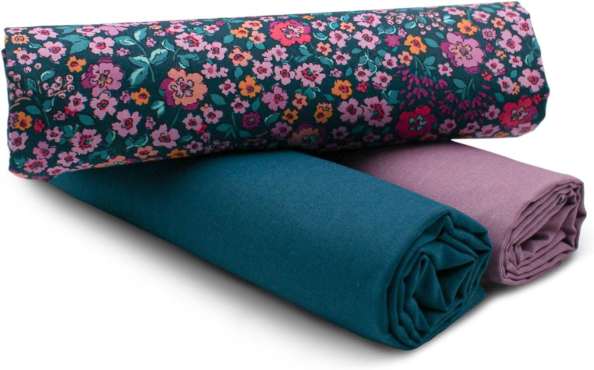Stof set designstof + 2x Uni kleur op elkaar afgestemd 100% katoen materiaal selectie (Digital Flower Donker Petrol Set82)