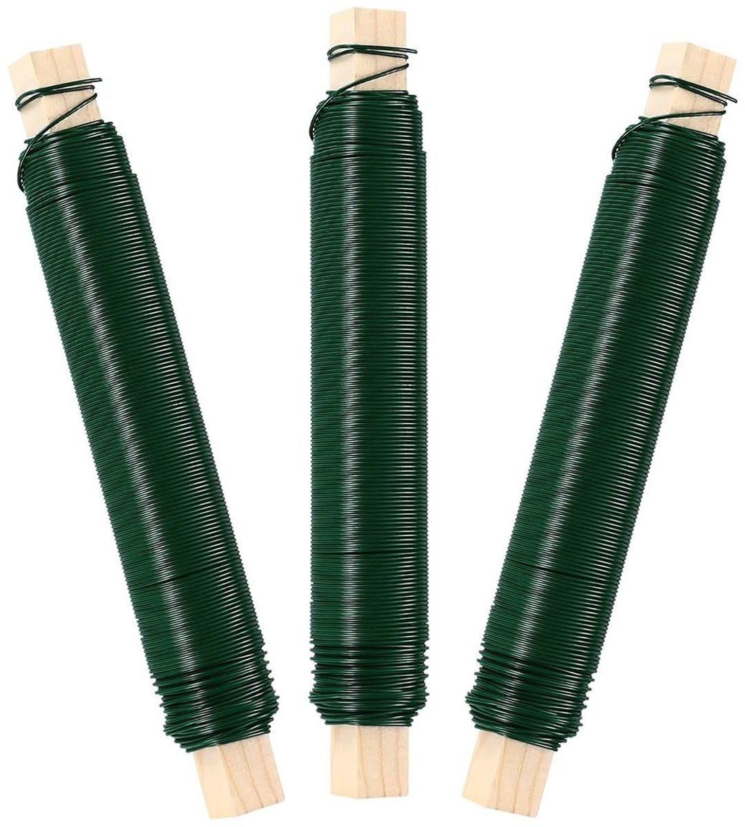 Draad, 3 rollen, bloemendraad, groen, 0,65 mm x 105 m, hoogwaardige binddraad voor het knutselen, houten wikkels voor het bevestigen van kransen, bloemen en planten, doe-het-zelf handwerk