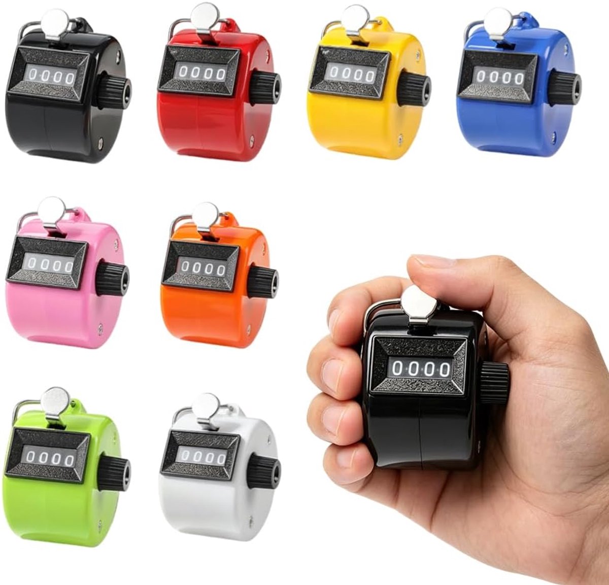 8 stuks, 4-cijferige teller, klikker, mechanische handteller, clicker met haken, draagbare rijteller, breien voor golf, breien, sport en onderwijs (8 kleuren)