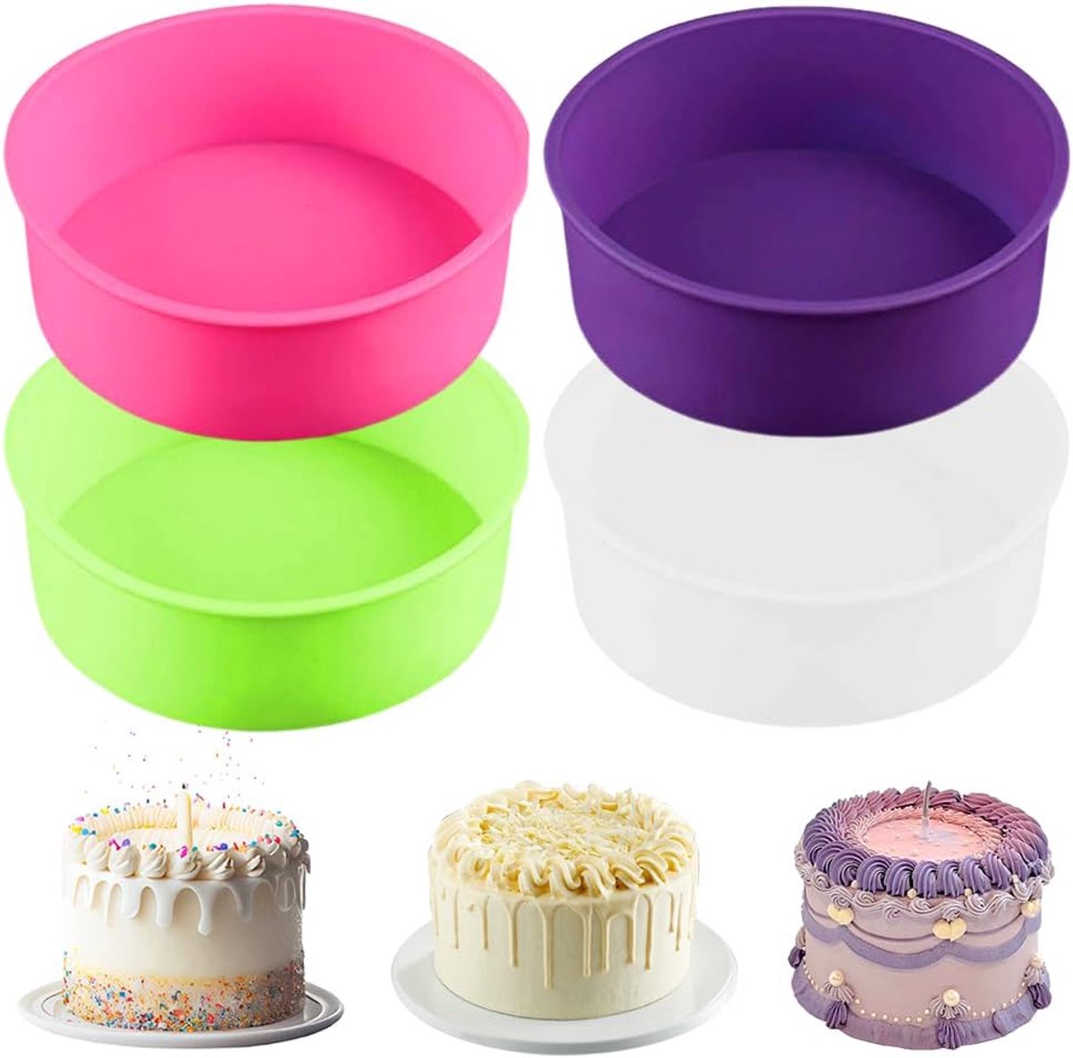 4 stuks siliconen taartvorm, ronde bakvorm van siliconen taartbakvorm, siliconen bakvormen, 15 cm, anti-aanbak-bakvormen, pan voor taarten en taarten om te bakken (roze/paars/groen/wit)