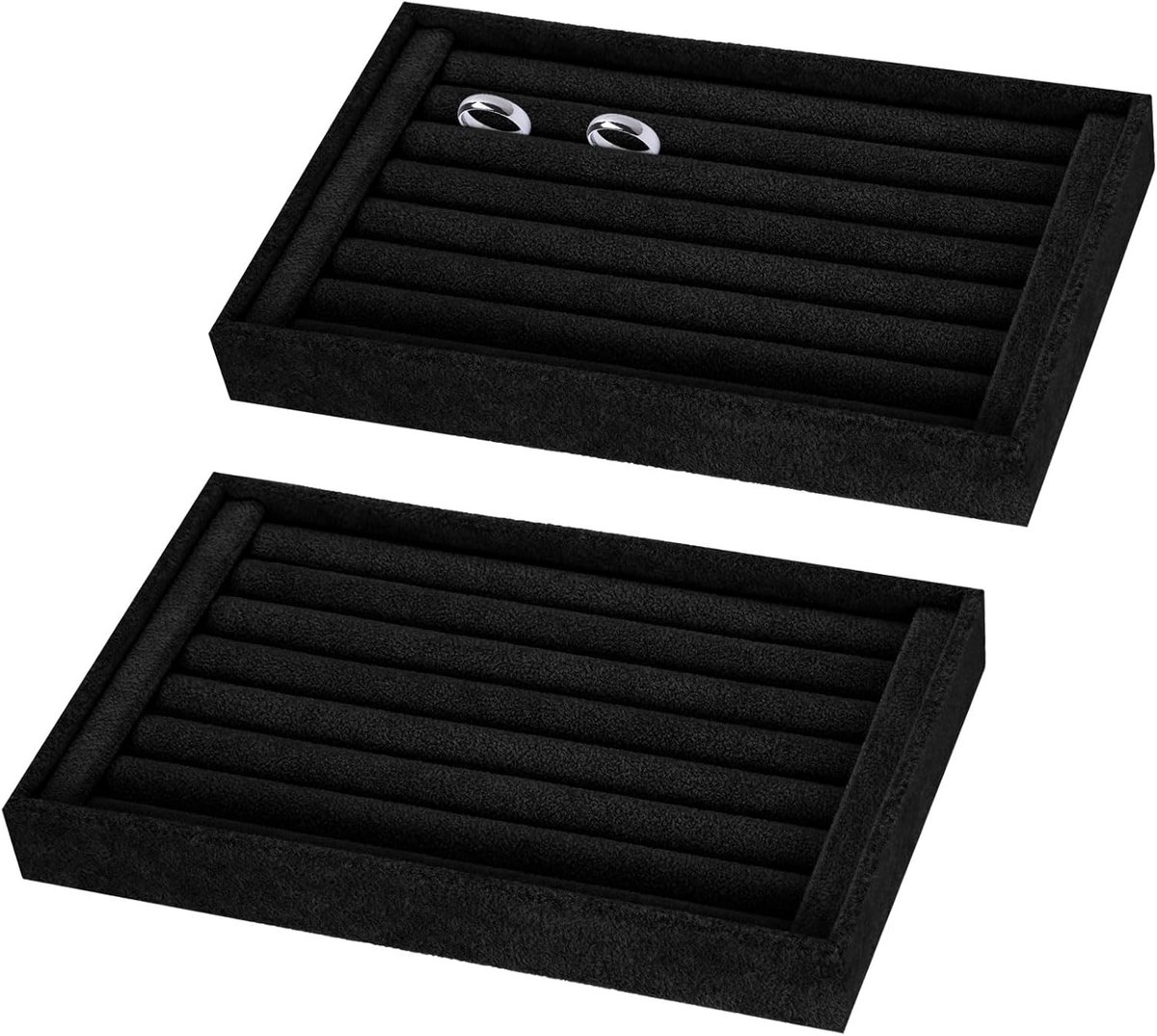 2 stuks fluwelen ringhouders met 7 vakken, sieradendisplay, dienblad, vitrines, ringhouder, fluwelen sieradenorganizer, standaard voor ringen, oorbellen, zwart