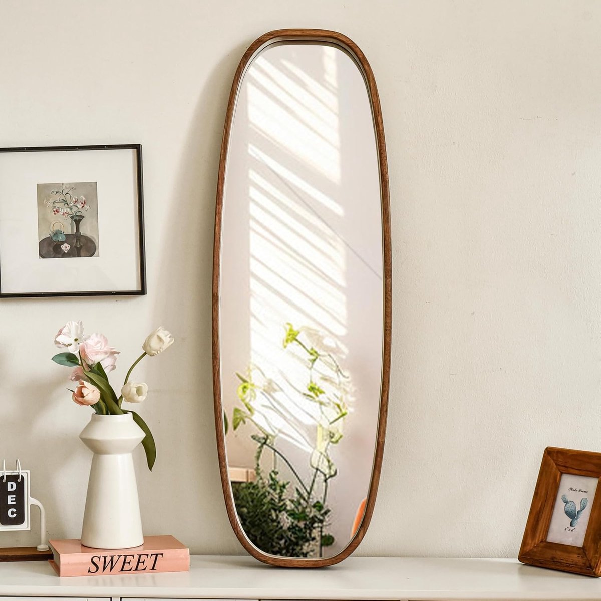 wandspiegel hout, 105x35cm spiegel groot met houten frame | Boho wandspiegel, frame van massief hout, full-body spiegel, asymmetrisch houten frame voor woonkamer, kamer, badkamer