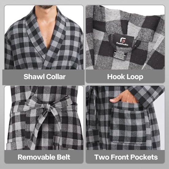 Heren Buffalo Plaid Katoenen Gewaad Lichtgewicht Badjas Sjaal Kraag Kimono Nachtkleding Loungewear Huisgewaden — afbeelding 3