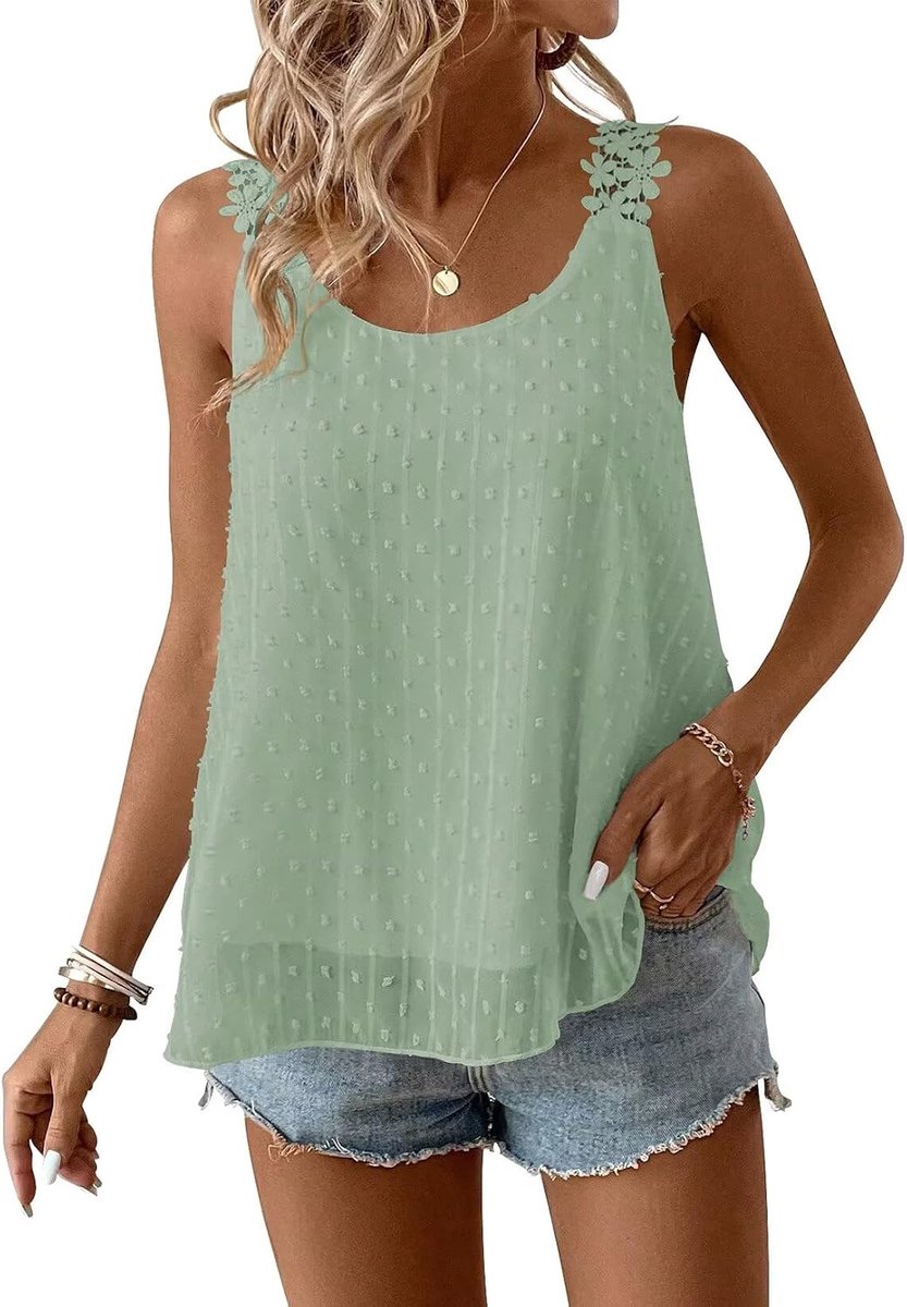 Tank Top Dames Zomer Boho Blouse Mouwloos Tops Vloeiend Elegant Ronde Hals Bloemen Camisole Casual Kant Outfits