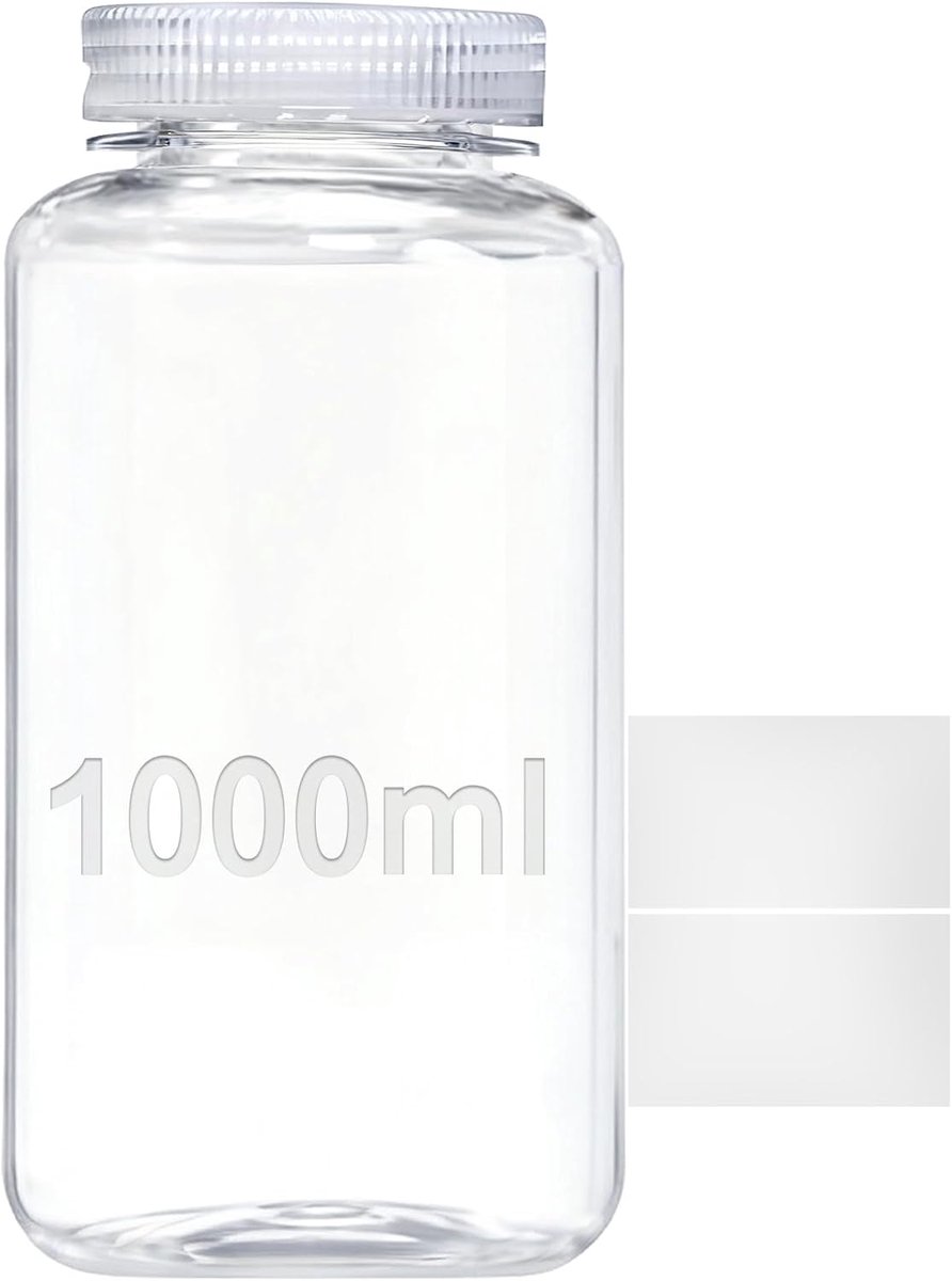 1 stuks fles met brede hals, 1000 ml, laboratoriumfles, lege plastic fles om te vullen, kleine plastic fles, lekvrij, doorzichtig met brede opening voor pillenflessen, water, monsterflessen