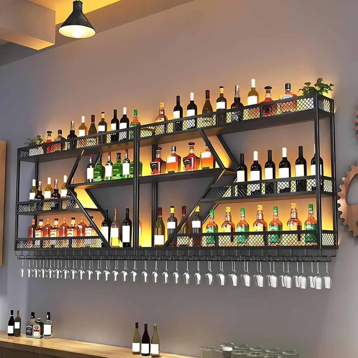 Wandwijnrek van metaal met LED-verlichting & modulair wijnflessenhouder | Modern wijndepot voor thuisbar, keuken, horeca | Robuuste houder + eenvoudige montage (incl. pluggen) (zwart, 2,4m)