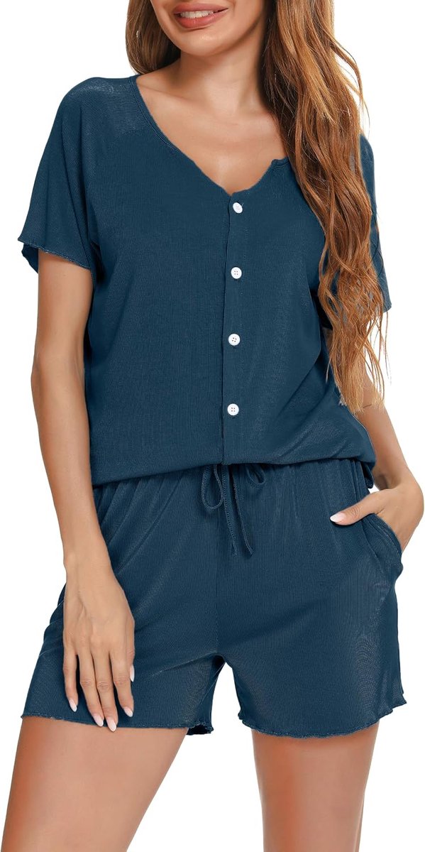 Pyjama's voor Dames Modaal Pjs Sets Geplooid Zacht Loungeset Korte Mouw Shirt en Korte Broek voor Lounge Slaapkleding