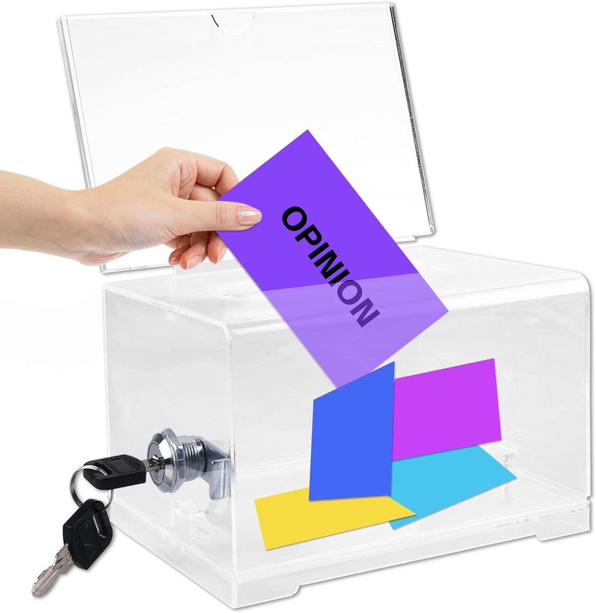 Donatiedoos, 18,5 x 10,3 x 11,5 cm, stembus, afsluitbaar, van acrylglas, acryl spaarpot met sleutel, suggestiedoos voor opmerkingen, donaties, stembriefjes, visitekaartjes, transparant