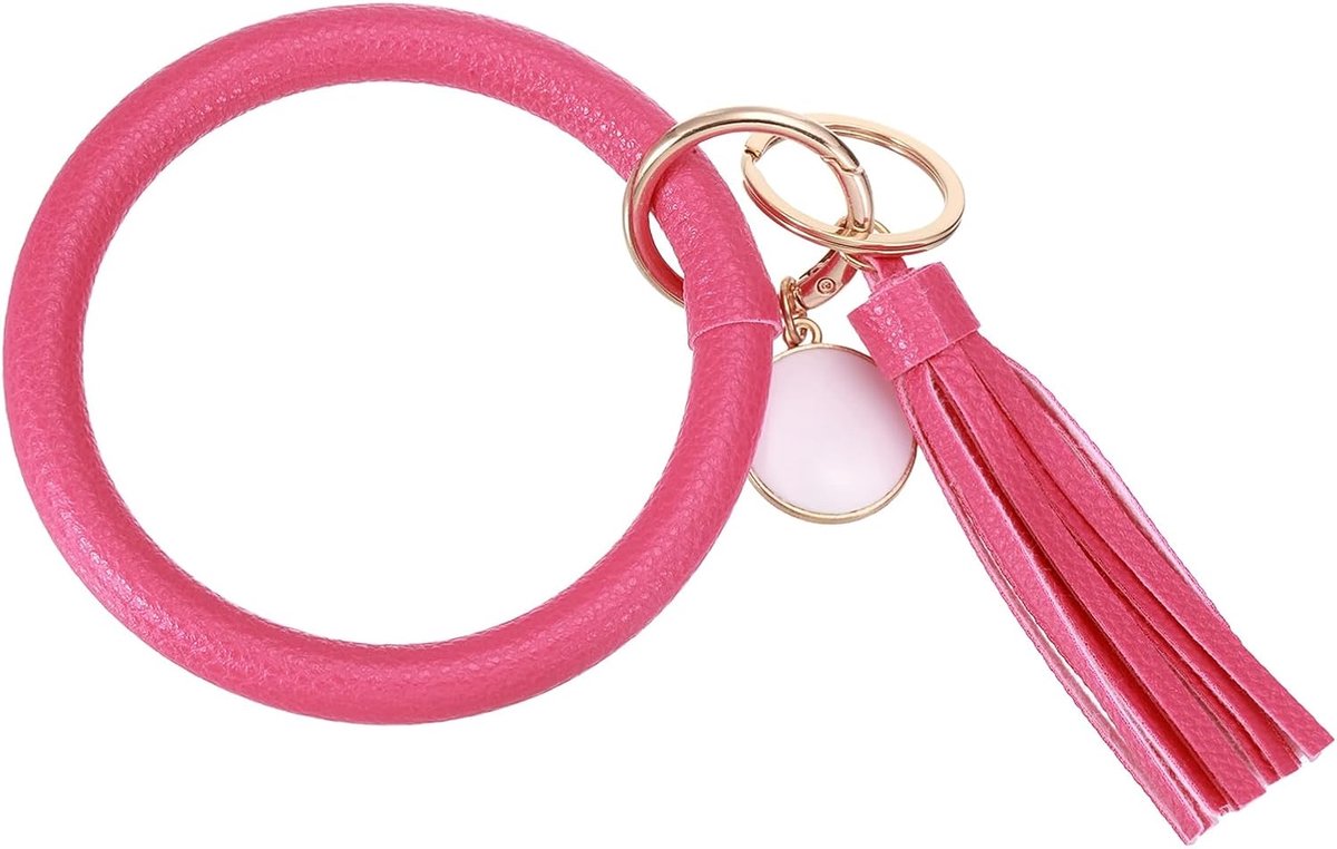 PU Lederen Cirkel Polsband Sleutelhanger, Kwastje met Hanger Ronde Bangle Sleutelhanger Armband Polsbandhouder Sleutelhangers voor Vrouwen Autosleutel Accessoires-1 STKS (Rose Red)