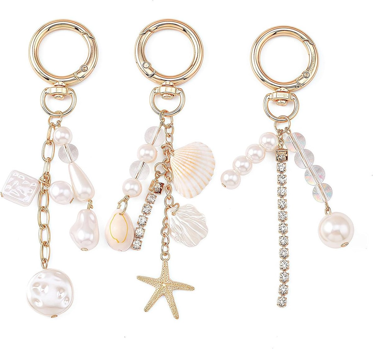 3 stuks gepersonaliseerde sleutelhangers, tashangers met zeethema bedels met schelp, zeester & parel, goud/wit, voor tassen, rugzakken & cadeaus voor vrouwen