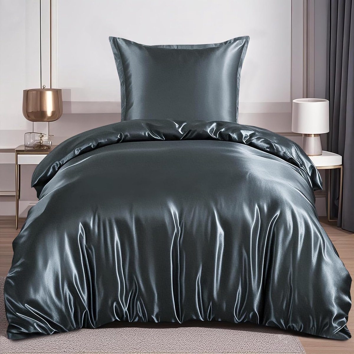 Satijnen beddengoed, 140 x 200 cm, grijs, zijdeachtig luxe dekbedovertrek met zijdeglans voor haar en huid, beddengoed met ritssluiting