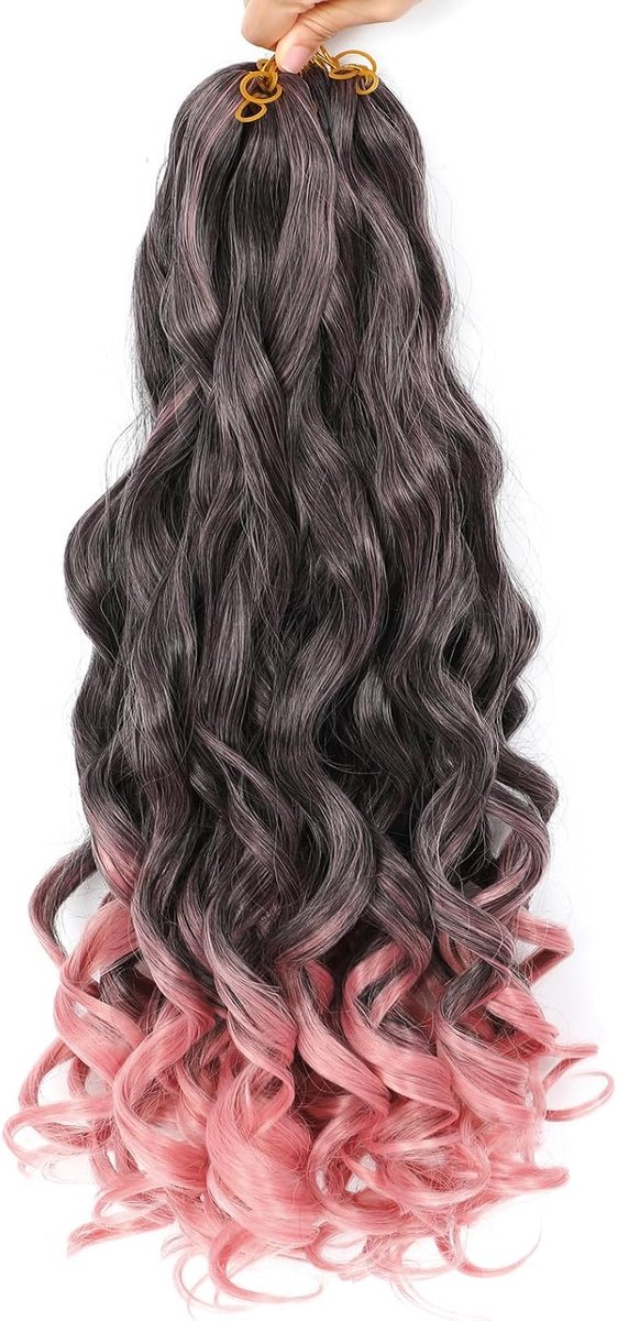 Curl Vlechthaar 61 cm, 8 verpakkingen, losse golvende vlechten haar (1B/roze, 61 cm)