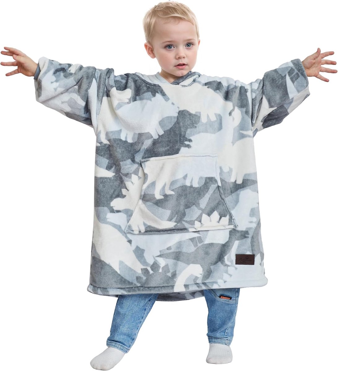 Classy Kinderhoodie-deken, oversized knuffelhoodie voor kinderen, meisjes en jongens, knuffelig fleece, draagbare deken, sherpa, wollig, reuzencapuchonsweatshirt voor jongeren, Grijze