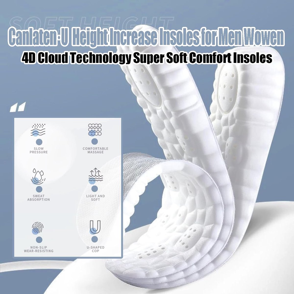 Ter verhoging van de lichaamslengte - 4D Wolke Tech inlegzool, zachte Memory Foam Comfort Stepper inlegzolen (grijs, 1,5 cm, EU: 36-39)