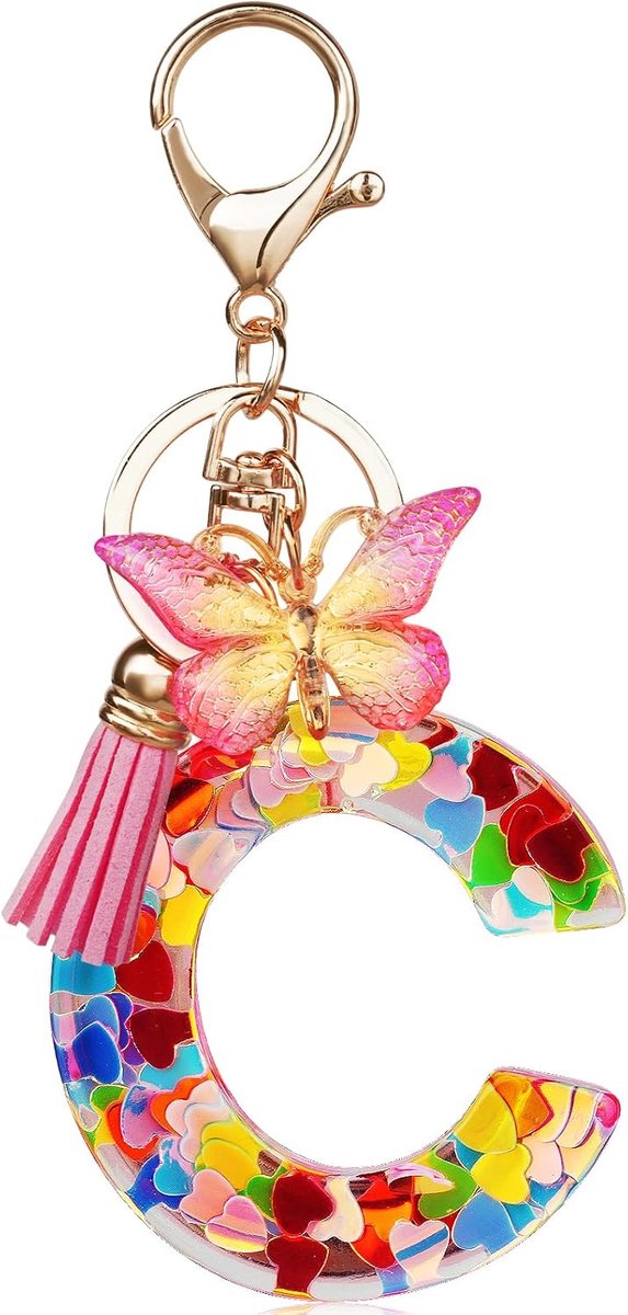 initialen sleutelhanger voor meisjes en vrouwen, hars letter sleutelhanger, met vlinder en kwast hanger, voor dames meisjes portemonnee portemonnee charme