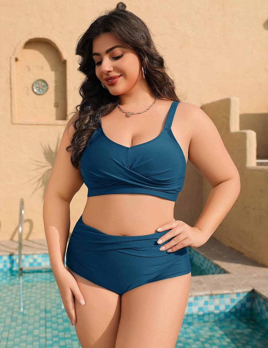 Plus size bikini‘s voor dames, set bestaande uit bikinitopje en bikinibroekje met hoge taille, met buikcontrole en geplooide details, badkleding, zwemkostuum, 2-delige set met kussentjes