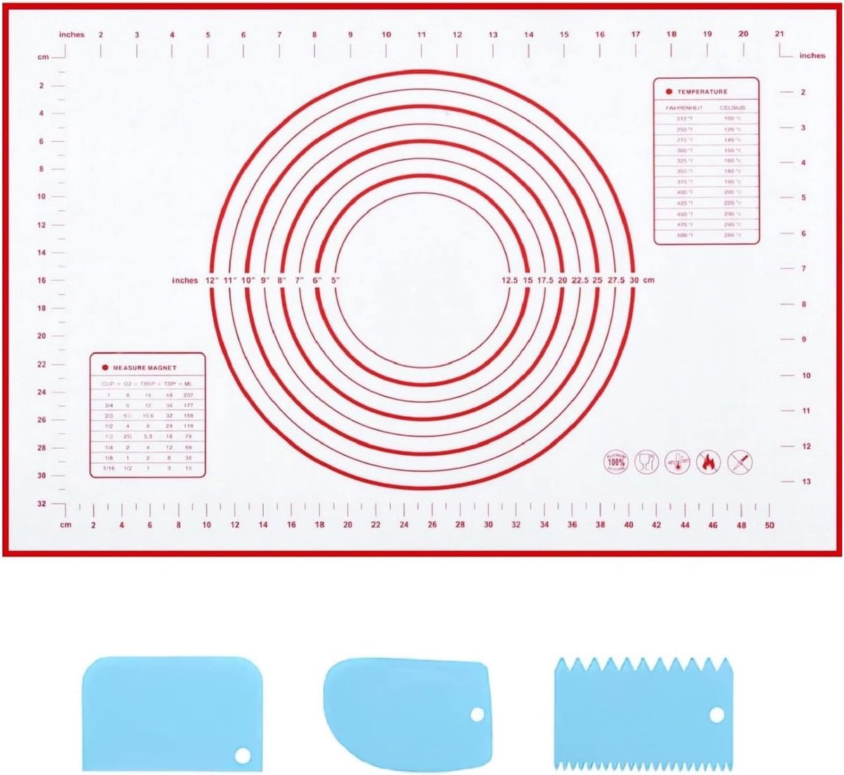 Siliconen Bakmat Rood 60x40cm, Antislip Deegmat met Maatmarkeringen, Anti-aanbak Ondergrond, Hittebestendige Keukenmat met 3 Blauwe Deegschrapers, BPA-vrij vaatwasmachinebestendig