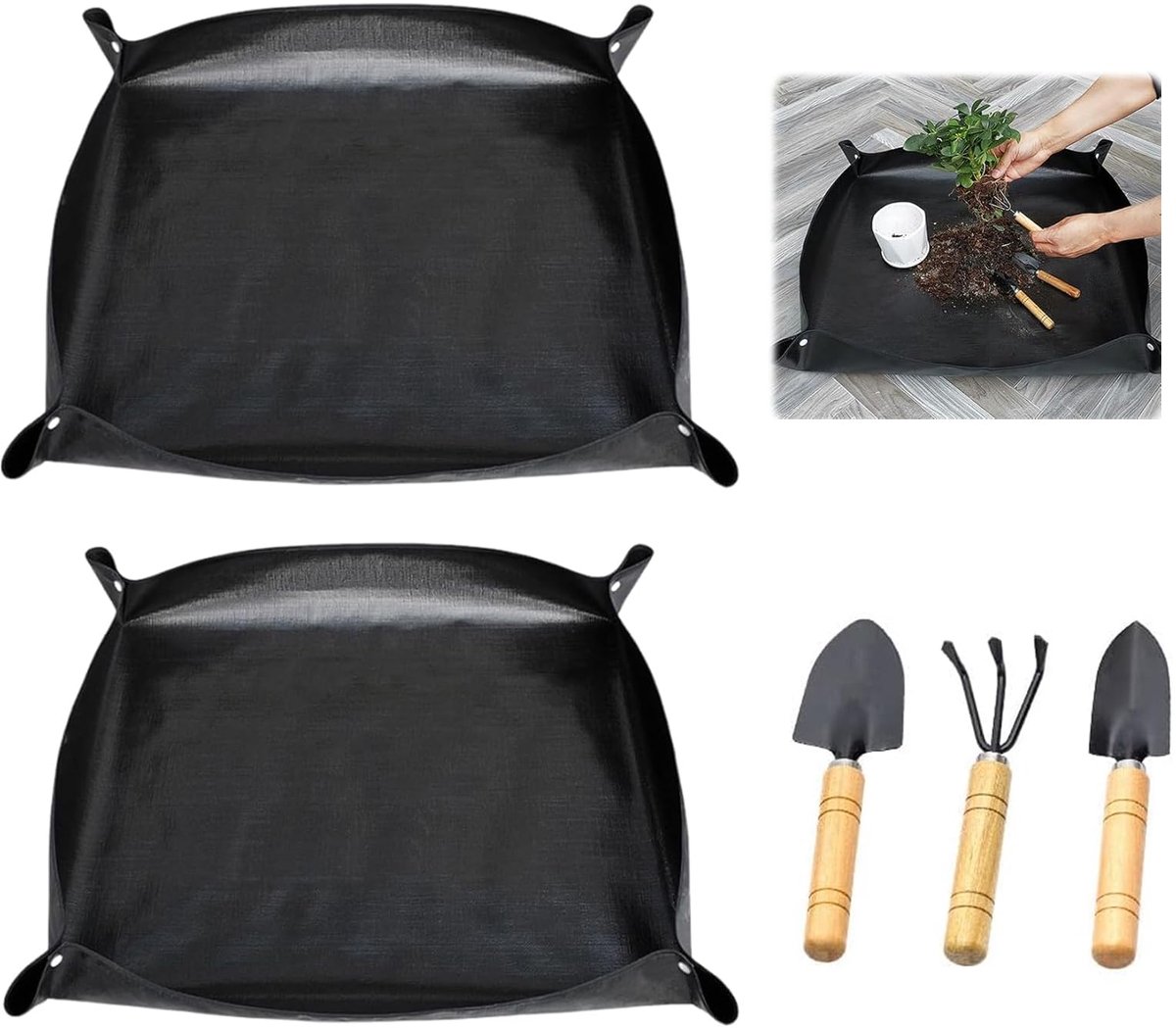 Tuinmat en gereedschapset 2x 100 x 100 cm - zwart PE - opvouwbaar - ideaal voor ompotten - SnelShoppen