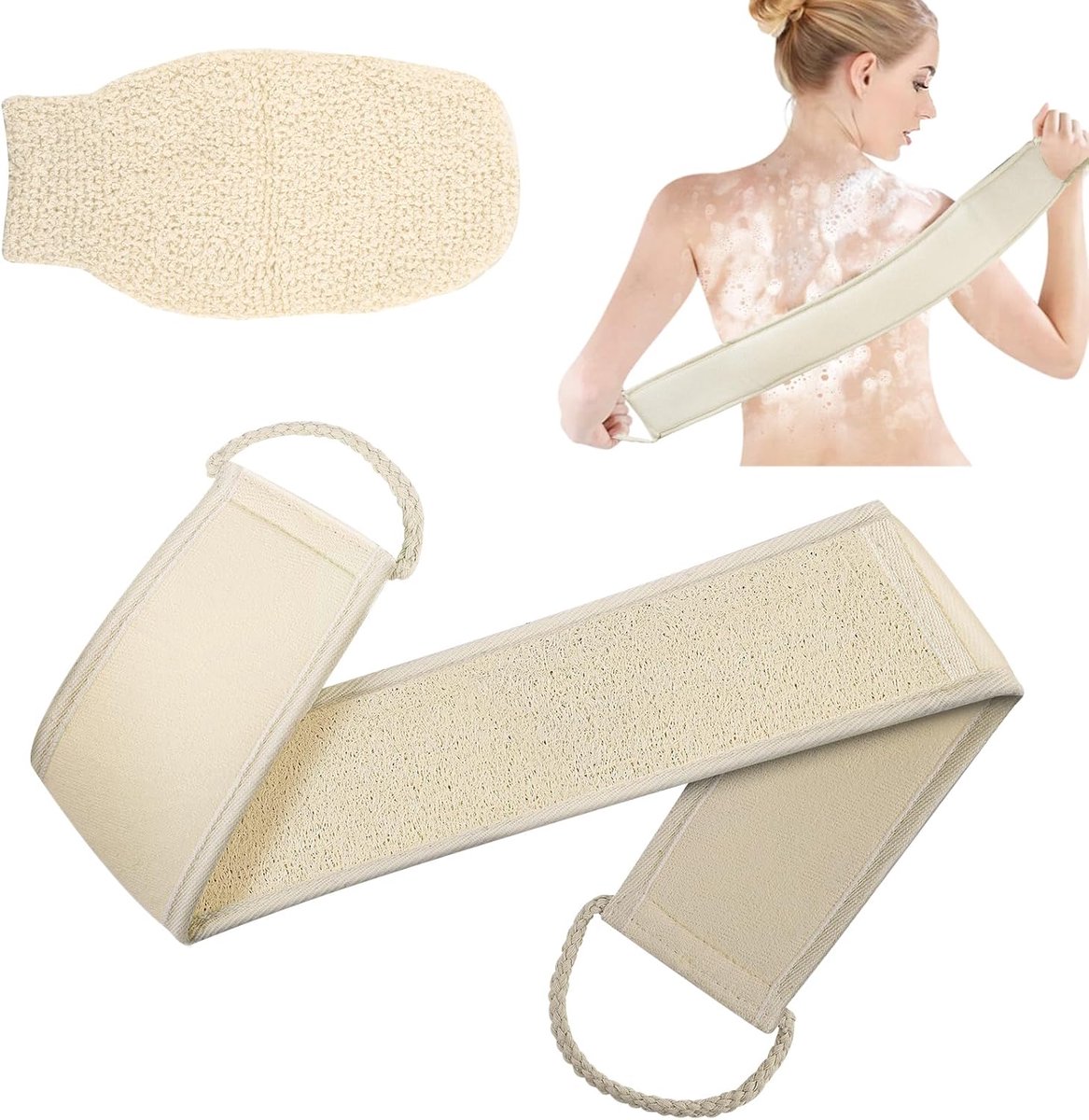 Loofah Exfoliërende rugschrobberset, 2 stuks natuurlijke loofah rugringen met linnen badhandschoen voor douche bad spa, dubbelzijdige schrobbband voor mannen vrouwen badkameraccessoires
