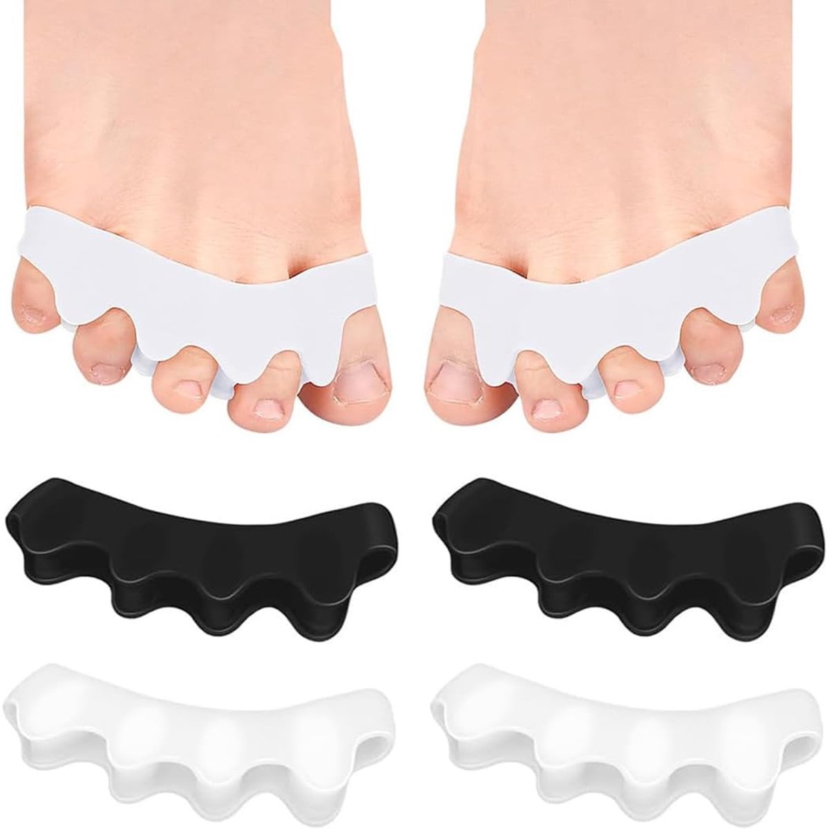 4 stuks hallux valgus corrector, teenspreiders vijf gaten, SEBS, comfortabel, voor voetverzorging en houdingscorrectie, zwart en wit