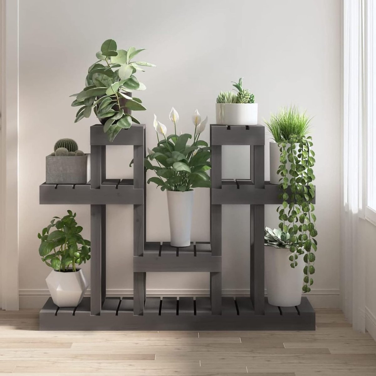 Grijs, 104,5 x 25 x 77,5 cm van massief grenenhout, plantenrek, plantensteunen (SPU: 822099)