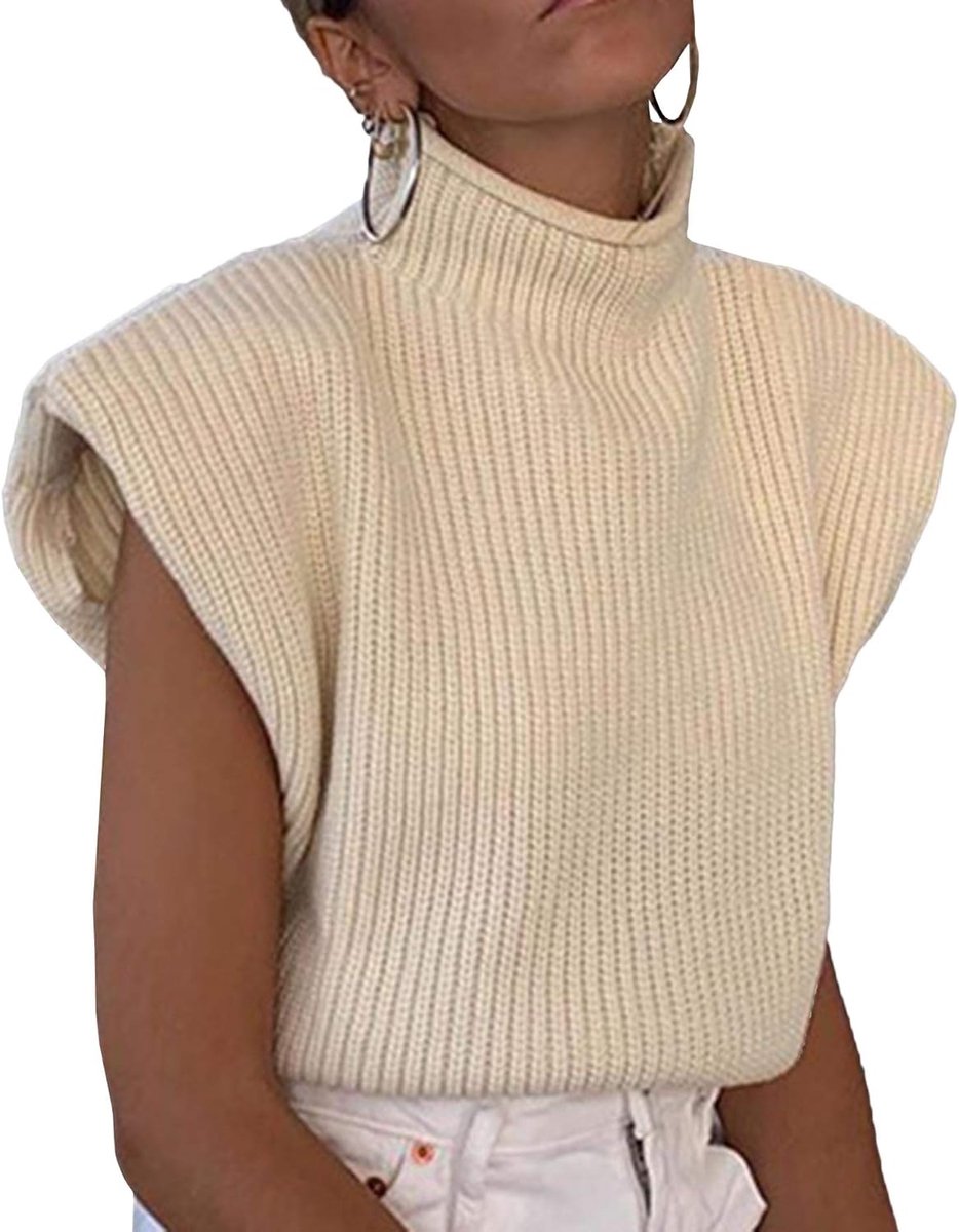 Xxxiticat Crop Trui voor dames, elegant, chique, schoudervulling, mouwloos, rolkraag, brede schouders, gebreide trui