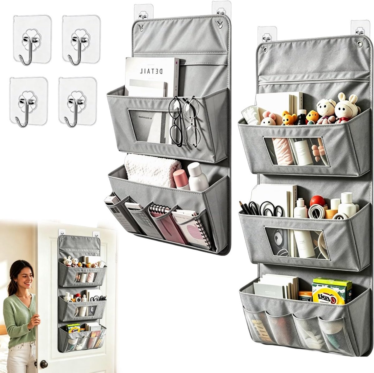 hangend, zonder boren, 2 stuks, grijs, voor deur achter muur | Wandorganizer, kleefhaken, hangorganizer, camping, Oxford, opvouwbaar, wasbaar, deurorganizer, hangorganizer, slaapkamer