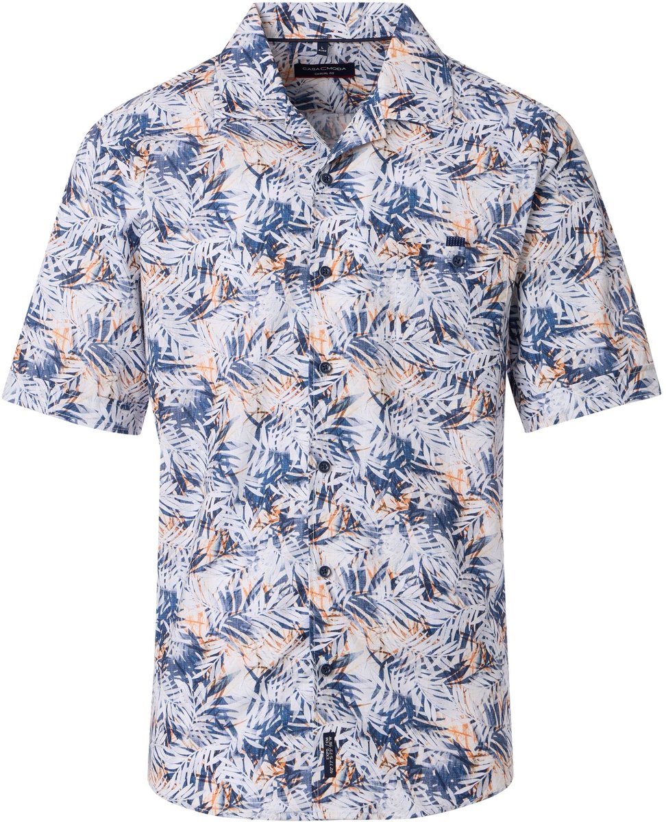 CASA MODA Sport casual fit overhemd - korte mouw - chambray - blauw - wit en lichtblauw dessin