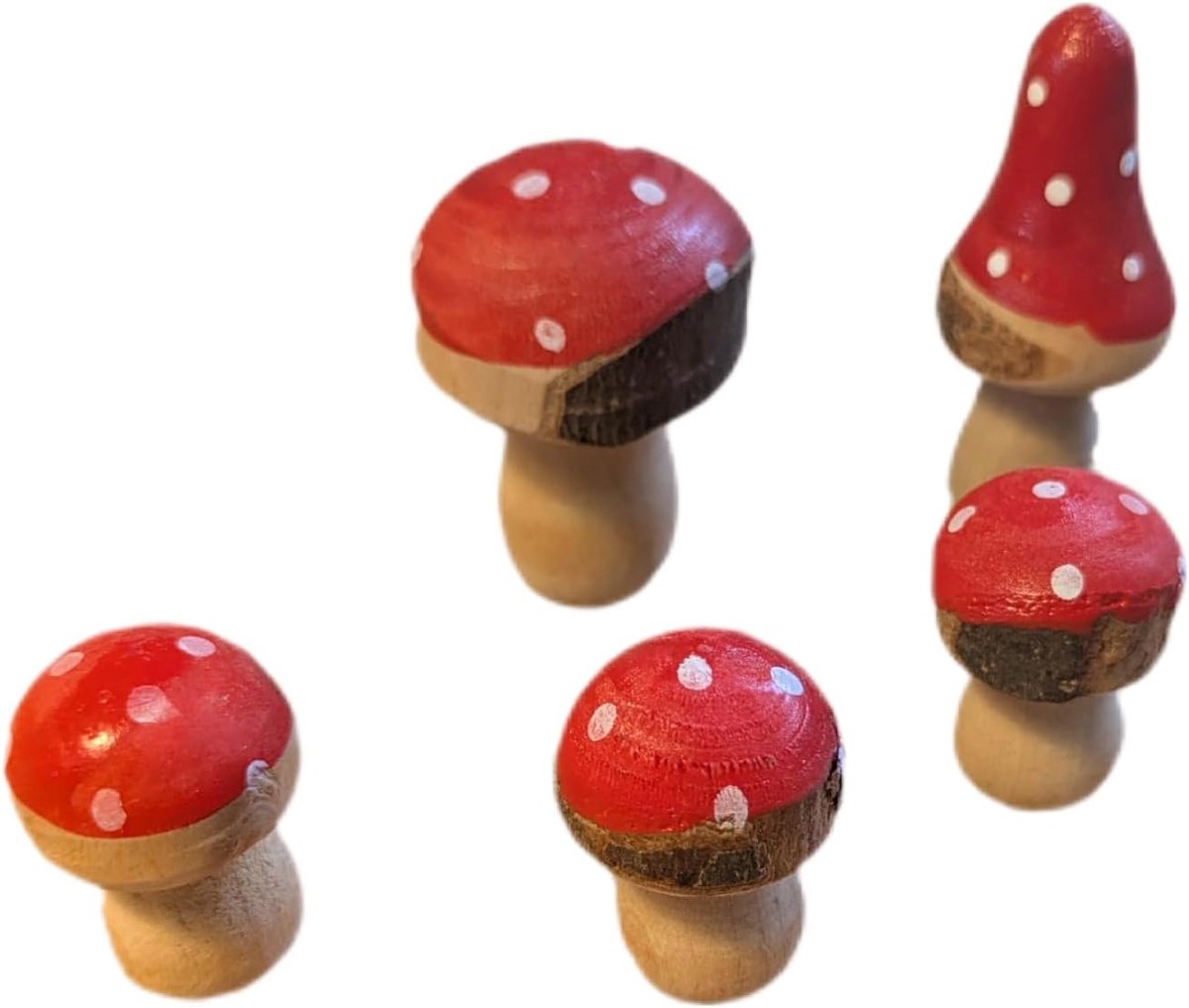 Houten Paddenstoel Decoratieset 5 Stuks - Handgeschilderd Mini Vliegenzwammen - SnelShoppen